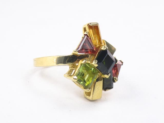 Vintage 18k Modern Multi-Colored Gemstone Cluster Ring, Italian Gold Tourmaline Citrine & Peridot Ring, Size 7