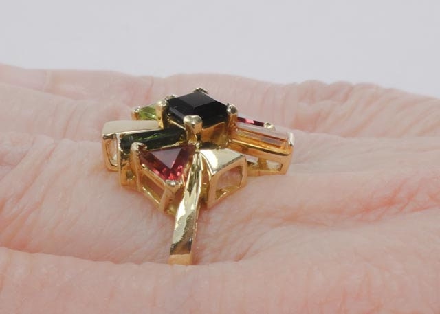 Vintage 18k Modern Multi-Colored Gemstone Cluster Ring, Italian Gold Tourmaline Citrine & Peridot Ring, Size 7