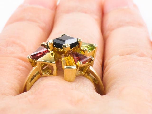 Vintage 18k Modern Multi-Colored Gemstone Cluster Ring, Italian Gold Tourmaline Citrine & Peridot Ring, Size 7