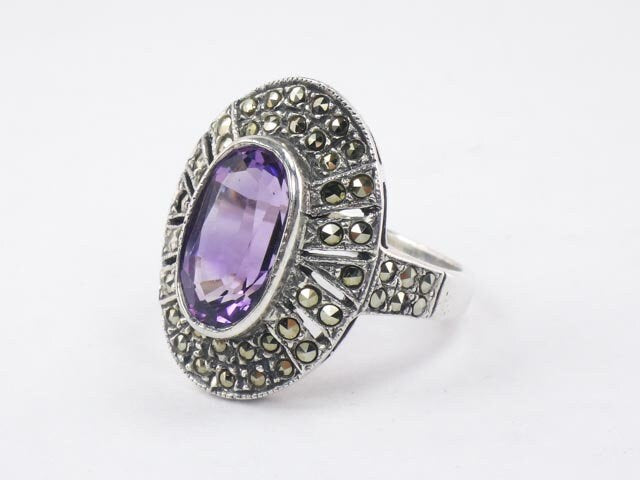 Sterling Silver Amethyst Ring with Marcasite - Vintage Purple February Birthstone Ring - Size 7