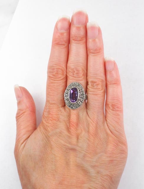 Sterling Silver Amethyst Ring with Marcasite - Vintage Purple February Birthstone Ring - Size 7