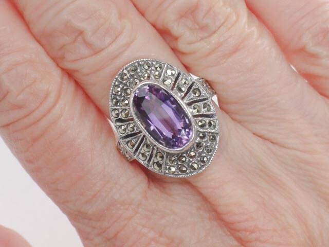 Sterling Silver Amethyst Ring with Marcasite - Vintage Purple February Birthstone Ring - Size 7