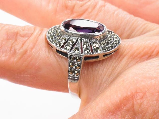 Sterling Silver Amethyst Ring with Marcasite - Vintage Purple February Birthstone Ring - Size 7