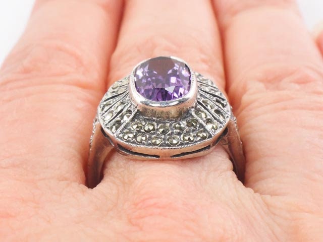 Sterling Silver Amethyst Ring with Marcasite - Vintage Purple February Birthstone Ring - Size 7