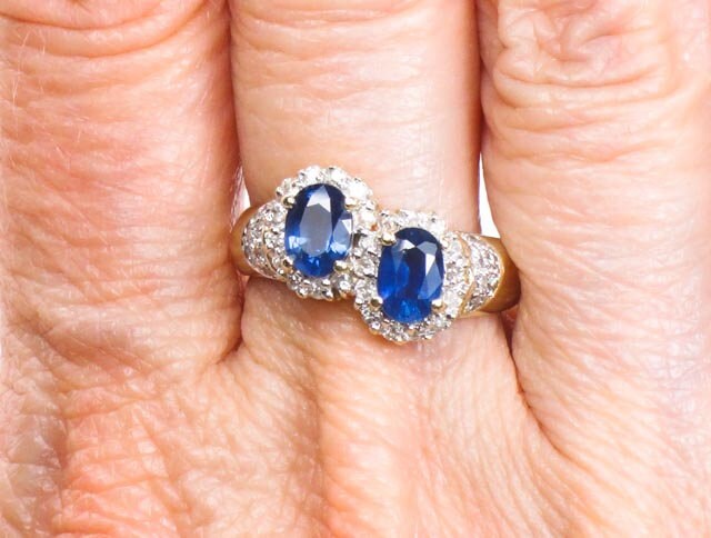 Vintage 14k Yellow Gold Sapphire Diamond Halo Ring - Size 6 3/4