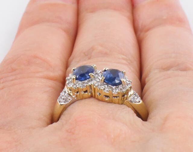 Vintage 14k Yellow Gold Sapphire Diamond Halo Ring - Size 6 3/4