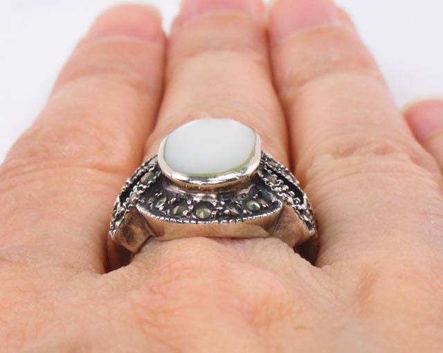 Vintage Sterling Silver Mother of Pearl Ring with Marcasite, Large MOP Ring, Size 5.75