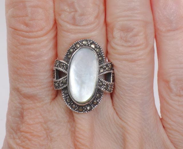 Vintage Sterling Silver Mother of Pearl Ring with Marcasite, Large MOP Ring, Size 5.75