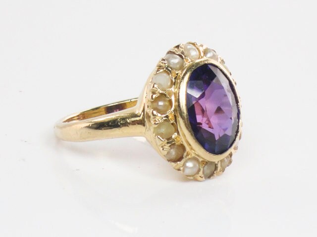 Vintage 14k Yellow Gold Purple Sapphire and Pearl Halo Ring Size 4.5