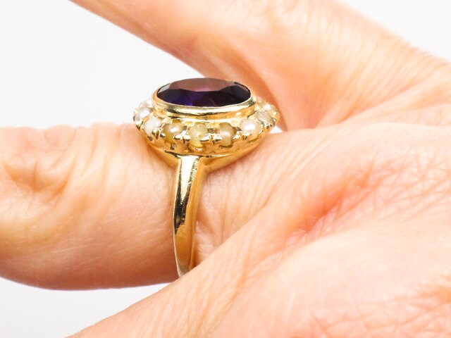 Vintage 14k Yellow Gold Purple Sapphire and Pearl Halo Ring Size 4.5