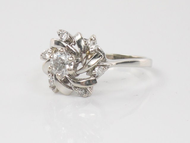 Vintage 14k White Gold Old Mine Cut Diamond Swirl Ring