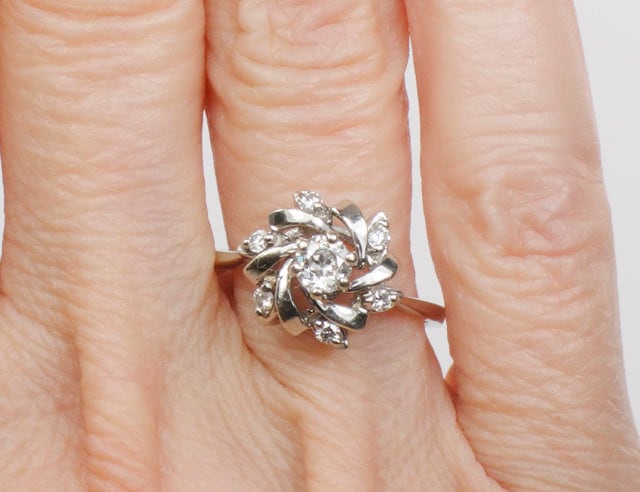 Vintage 14k White Gold Old Mine Cut Diamond Swirl Ring