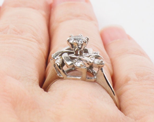 Vintage 14k White Gold Old Mine Cut Diamond Swirl Ring