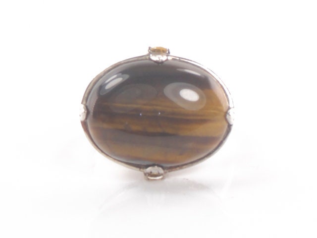 Vintage Large Sterling Silver Tiger Eye Ring, Oval Golden Brown Stone and Citrine Ring Size 10