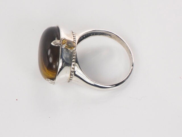 Vintage Large Sterling Silver Tiger Eye Ring, Oval Golden Brown Stone and Citrine Ring Size 10