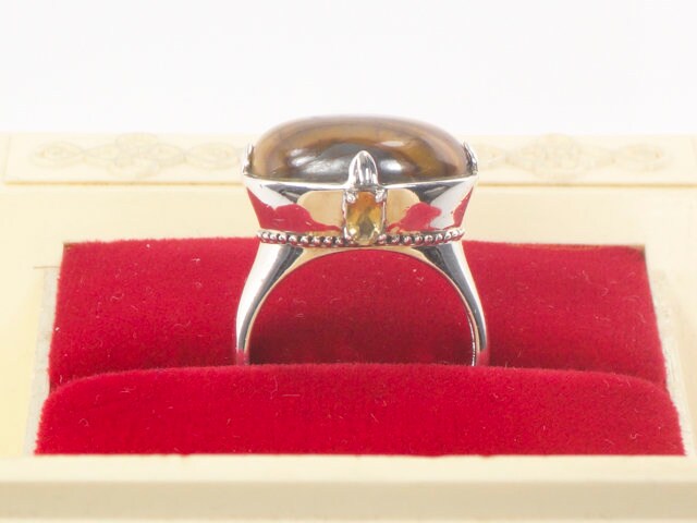 Vintage Large Sterling Silver Tiger Eye Ring, Oval Golden Brown Stone and Citrine Ring Size 10