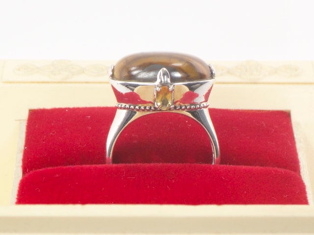 Vintage Sterling Silver Tiger Eye & Citrine Ring - Size 10