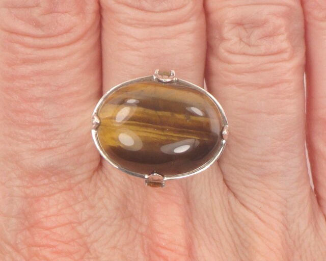 Vintage Large Sterling Silver Tiger Eye Ring, Oval Golden Brown Stone and Citrine Ring Size 10