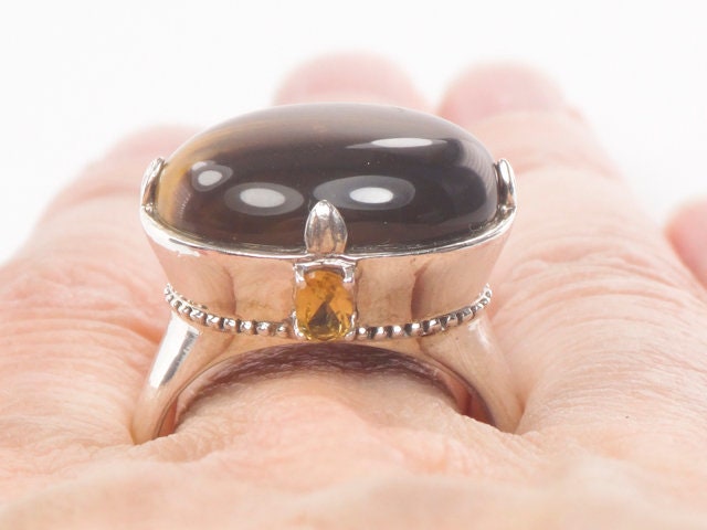 Vintage Large Sterling Silver Tiger Eye Ring, Oval Golden Brown Stone and Citrine Ring Size 10
