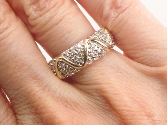 Vintage 14k Gold Diamond Zig Zag Band Ring: Pave Set Wedding Ring, Size 6.25