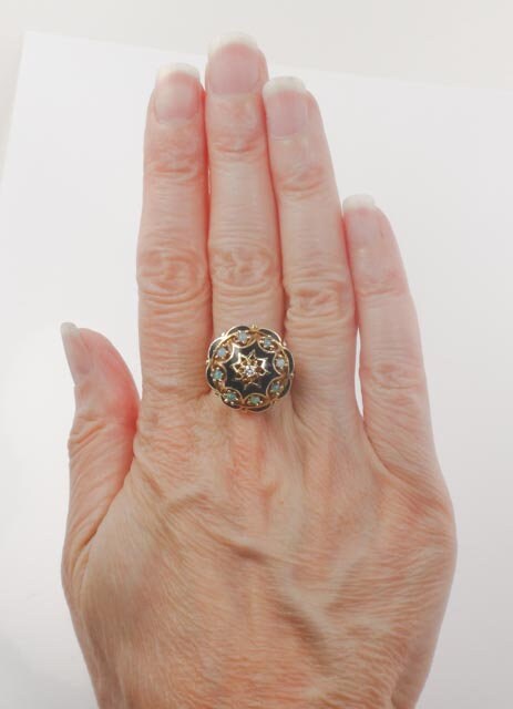 Vintage 14k Yellow Gold Opal Diamond and Black Enamel Dome Ring Opal Star Ring Size 7.25