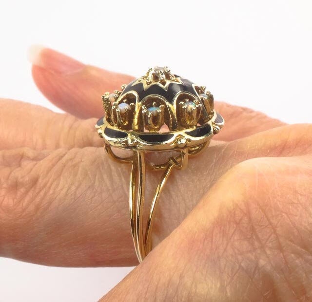 Vintage 14k Yellow Gold Opal Diamond and Black Enamel Dome Ring Opal Star Ring Size 7.25