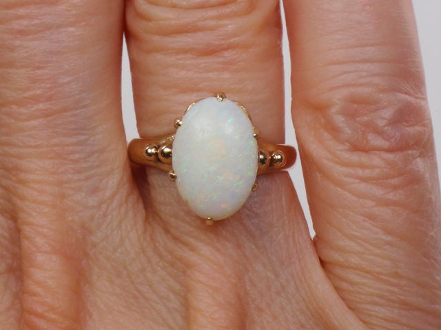 Vintage 14k Yellow Gold Natural Opal Ring, Oval October Birthstone Ring, Size 5.25