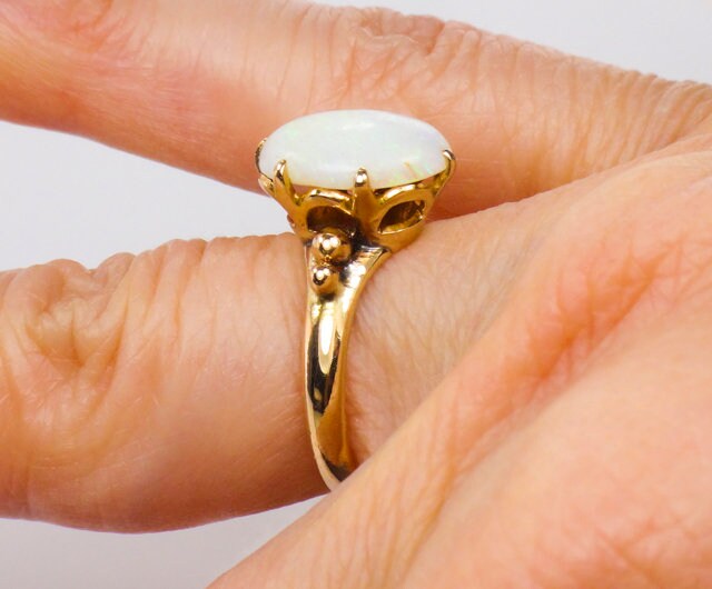 Vintage 14k Yellow Gold Natural Opal Ring, Oval October Birthstone Ring, Size 5.25