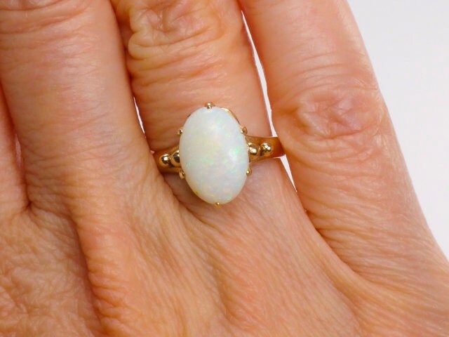 Vintage 14k Yellow Gold Natural Opal Ring, Oval October Birthstone Ring, Size 5.25