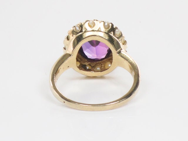 Vintage 14k Yellow Gold Purple Sapphire and Pearl Halo Ring Size 4.5