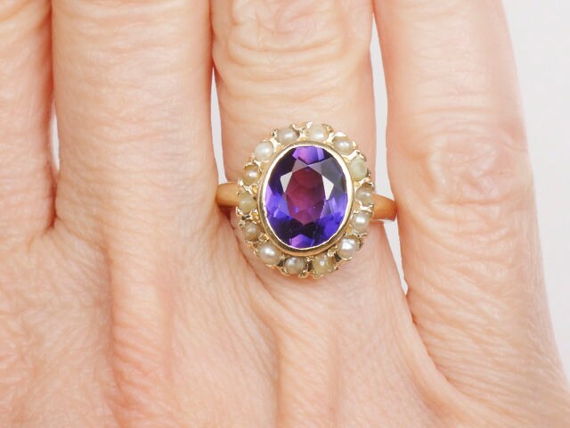 Vintage 14k Yellow Gold Purple Sapphire and Pearl Halo Ring Size 4.5
