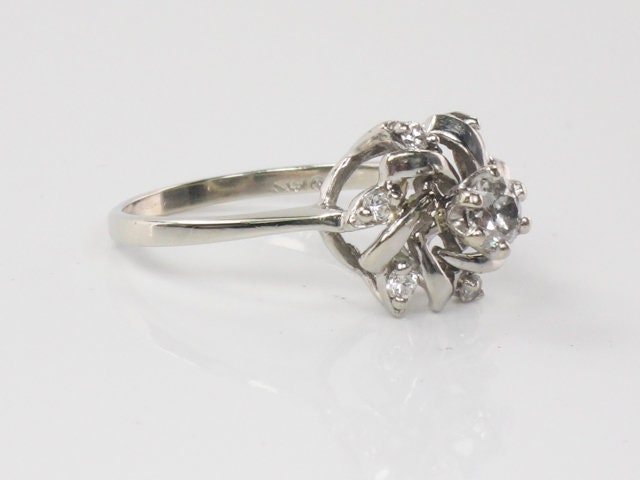 Vintage 14k White Gold Old Mine Cut Diamond Cluster Ring Natural Diamond Swirl Everyday Ring