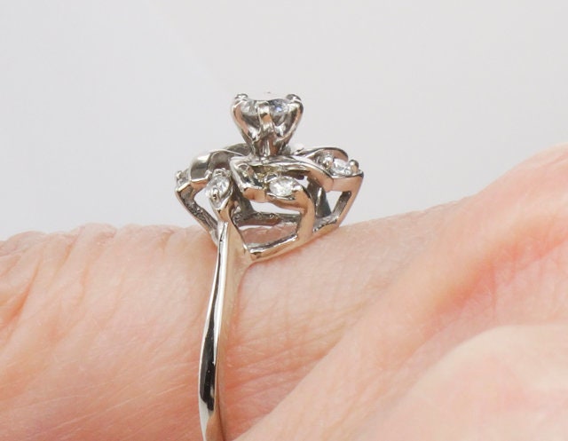 Vintage 14k White Gold Old Mine Cut Diamond Cluster Ring Natural Diamond Swirl Everyday Ring