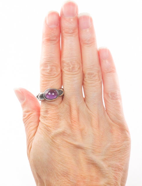 Vintage Sterling Silver Amethyst Ring Heavy Silver Oval Purple Stone Ring February Birthstone Size 6.5