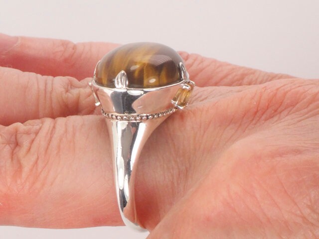 Vintage Large Sterling Silver Tiger Eye Ring, Oval Golden Brown Stone and Citrine Ring Size 10
