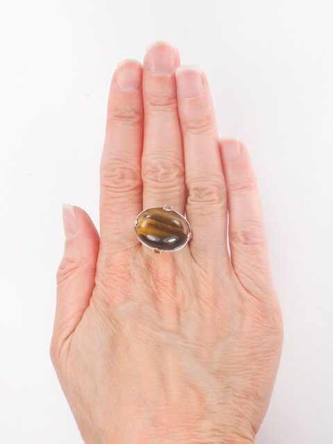 Vintage Large Sterling Silver Tiger Eye Ring, Oval Golden Brown Stone and Citrine Ring Size 10