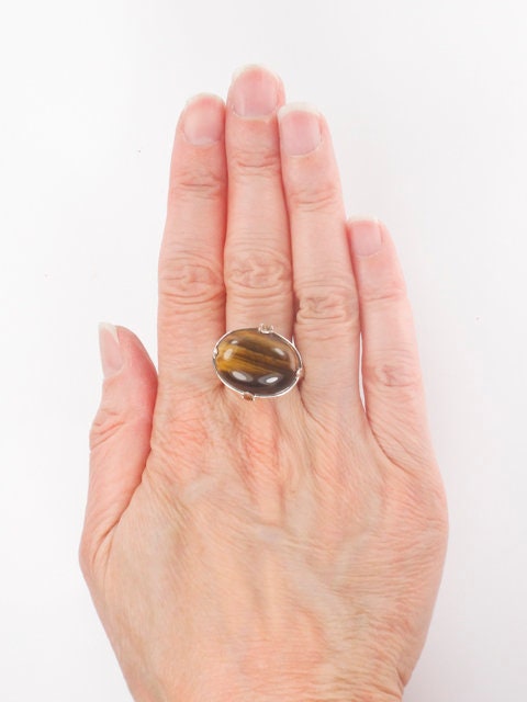 Vintage Sterling Silver Tiger Eye & Citrine Ring - Size 10