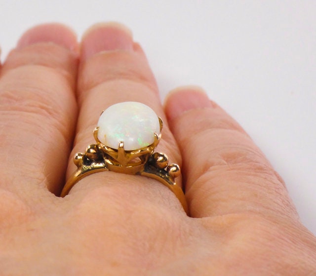 Vintage 14k Yellow Gold Natural Opal Ring, Oval October Birthstone Ring, Size 5.25