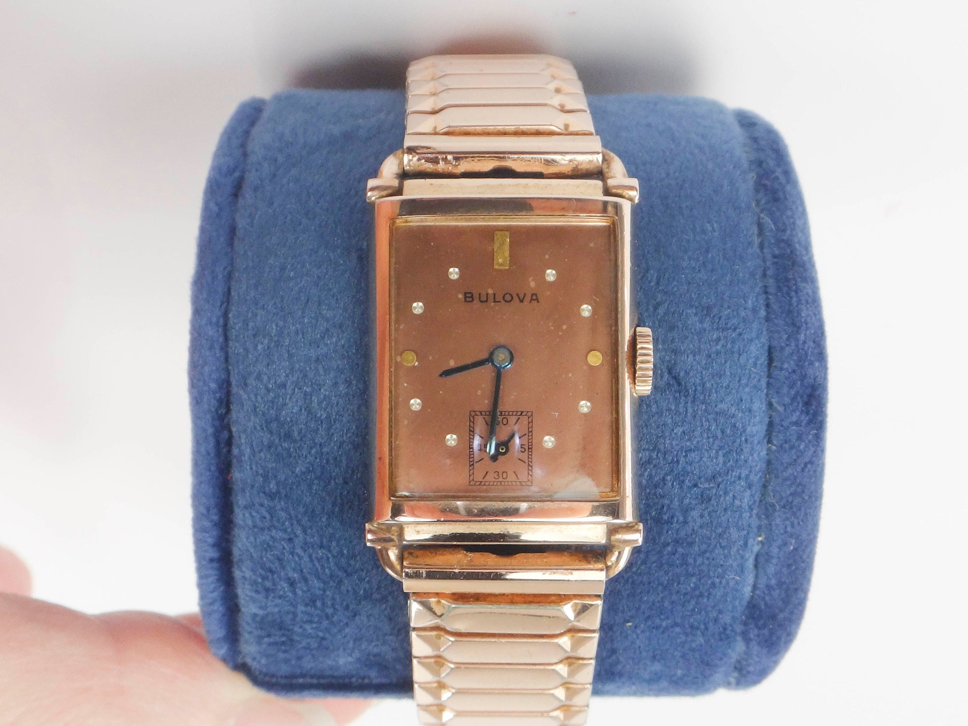 Vintage Bulova 14k Gold Filled Watch Retro Rose Gold Tank Mechanical Winding Watch with Flex Band Unisex Wristwatch