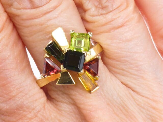 Vintage 18k Modern Multi-Colored Gemstone Cluster Ring, Italian Gold Tourmaline Citrine & Peridot Ring, Size 7