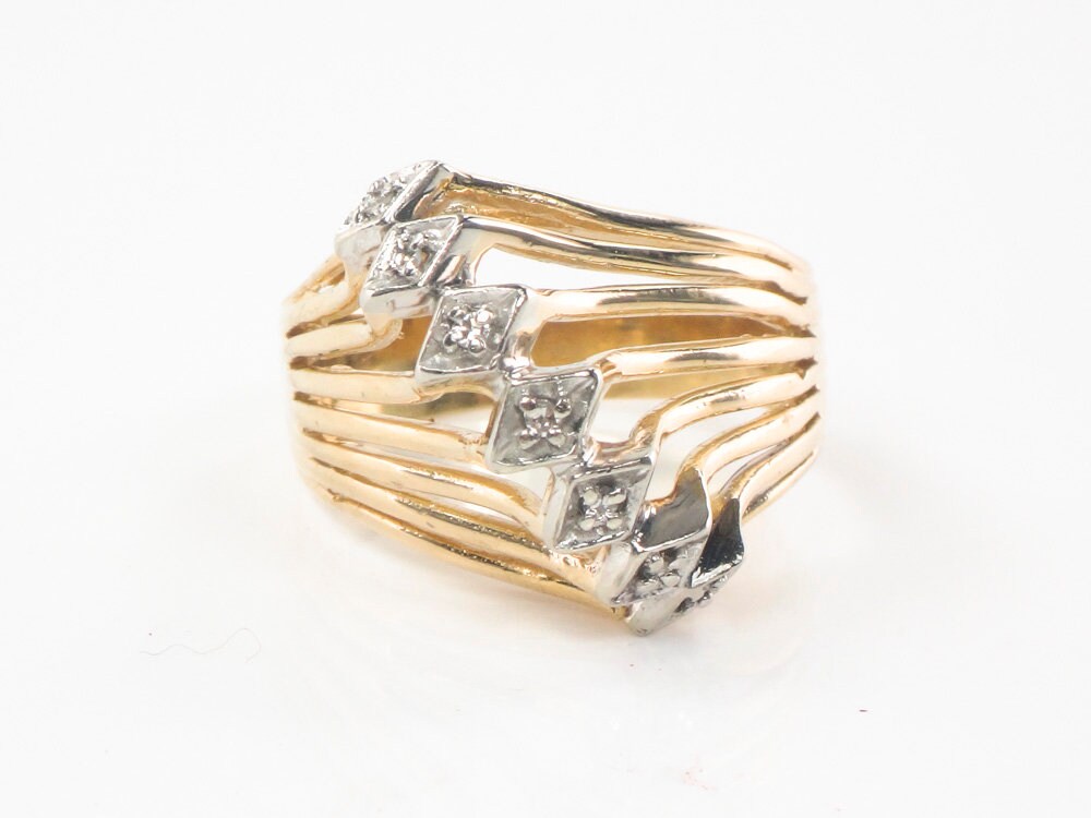 Vintage Wide 18k Gold Seven Natural Diamond Ring Two Tone Gold Right Hand Ring Size 8.25