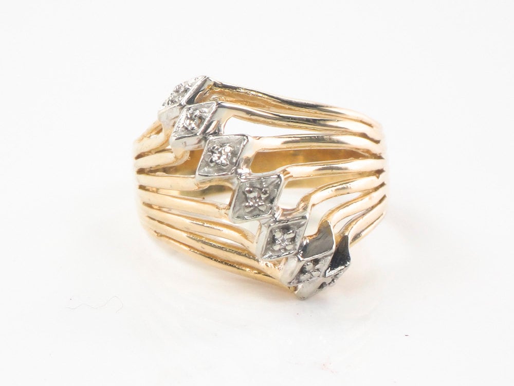 Vintage 18k Gold Diamond Ring: Two Tone Wide Band, Size 8.25