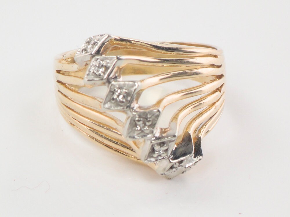 Vintage Wide 18k Gold Seven Natural Diamond Ring Two Tone Gold Right Hand Ring Size 8.25