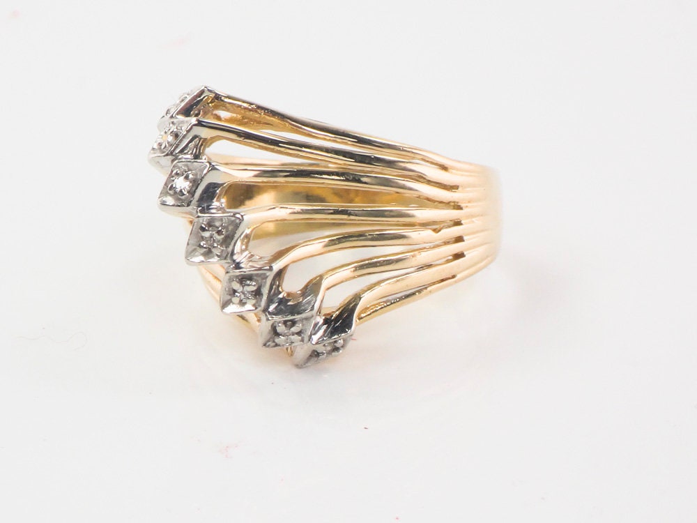 Vintage Wide 18k Gold Seven Natural Diamond Ring Two Tone Gold Right Hand Ring Size 8.25