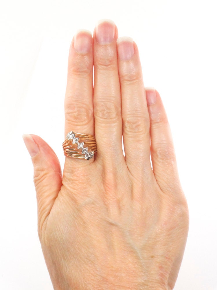 Vintage 18k Gold Diamond Ring: Two Tone Wide Band, Size 8.25