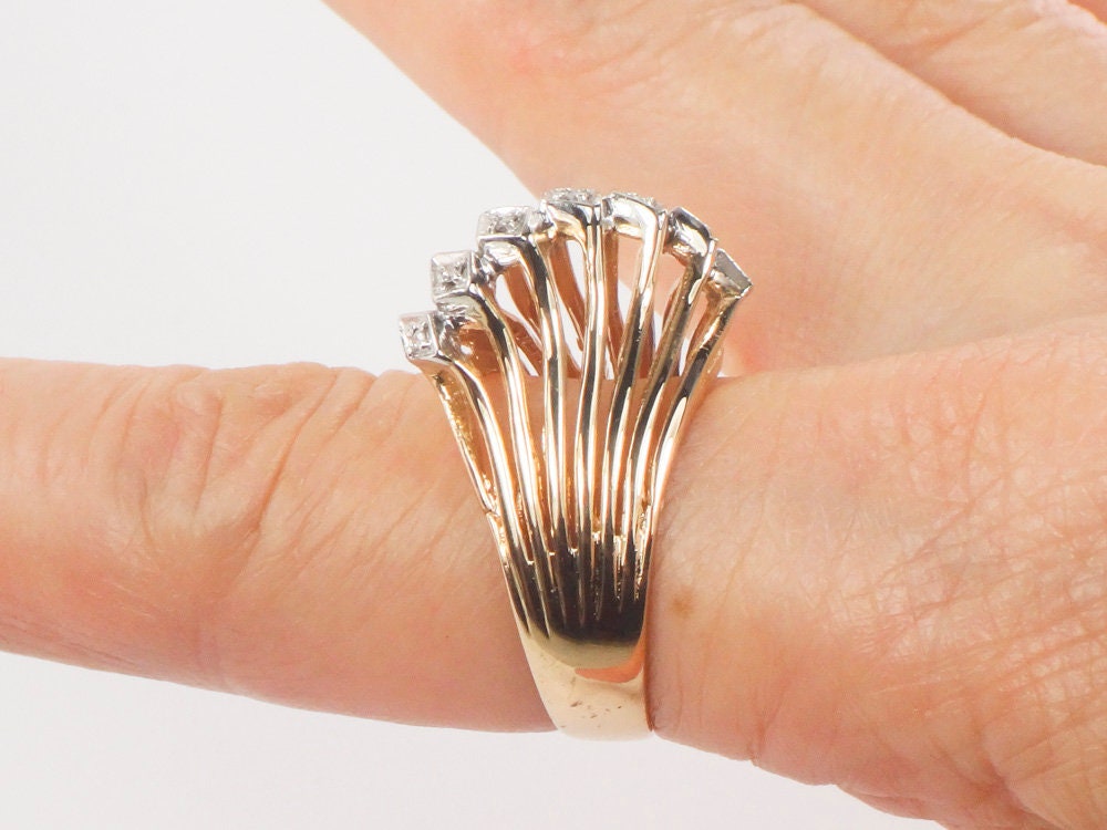 Vintage 18k Gold Diamond Ring: Two Tone Wide Band, Size 8.25