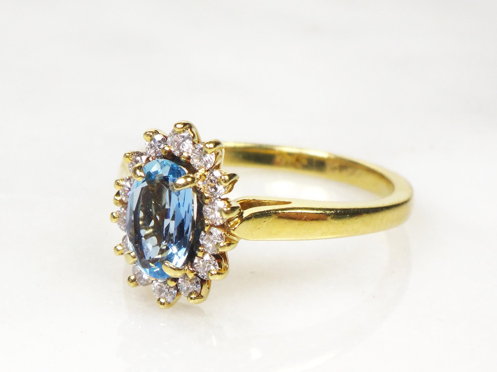Vintage 18k Yellow Gold Aquamarine Diamond Halo Ring - Size 6