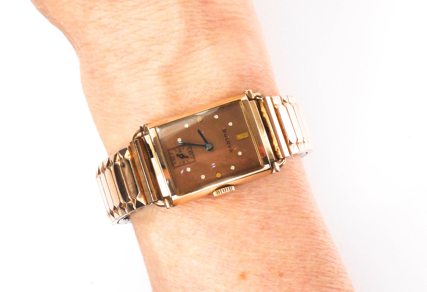 Vintage Bulova 14k Gold Filled Watch Retro Rose Gold Tank Mechanical Winding Watch with Flex Band Unisex Wristwatch