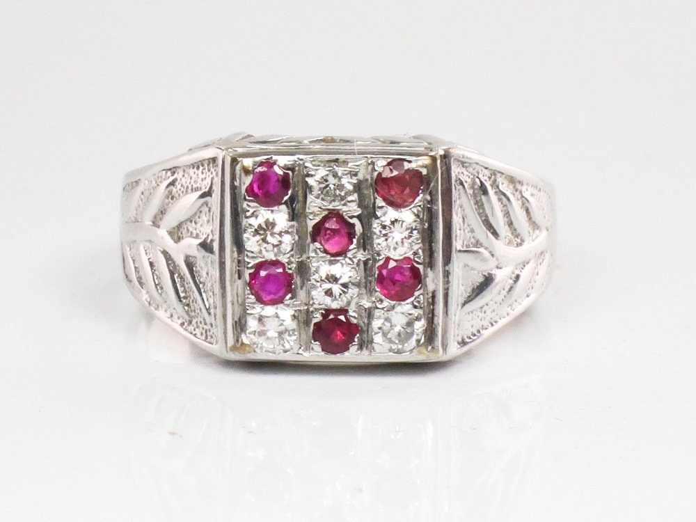 Vintage 14k White Gold Diamond & Ruby Men's Ring - Size 12.25