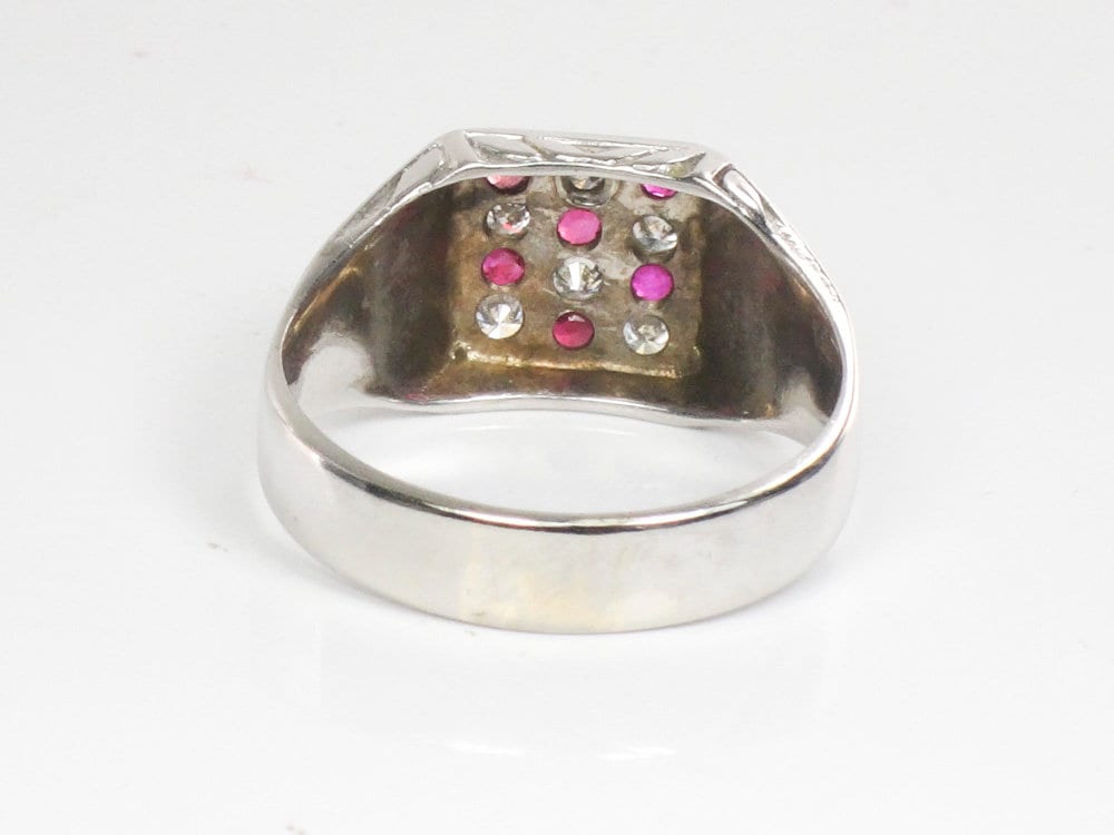 Vintage 14k White Gold Diamond & Ruby Men's Ring - Size 12.25